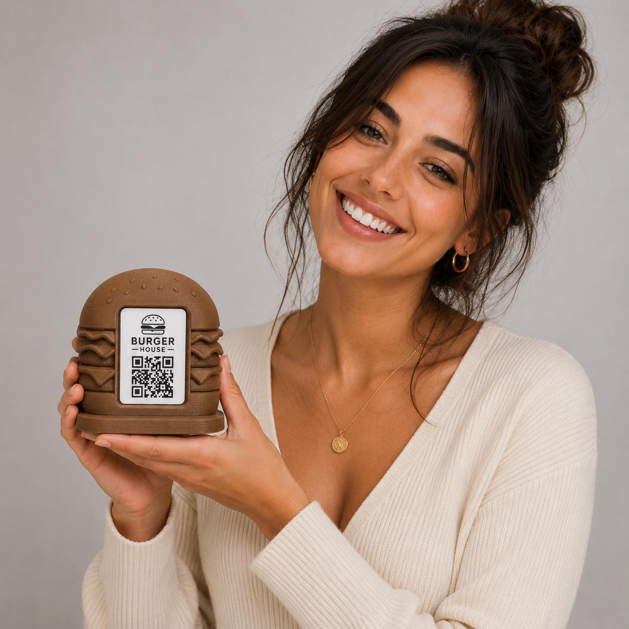 Porta Menu QR Code hamburger Personalizzato, Espositore 3D per Tavoli Ristorante e Bar, Segnatavolo con Incisione Logo, Supporto Moderno
