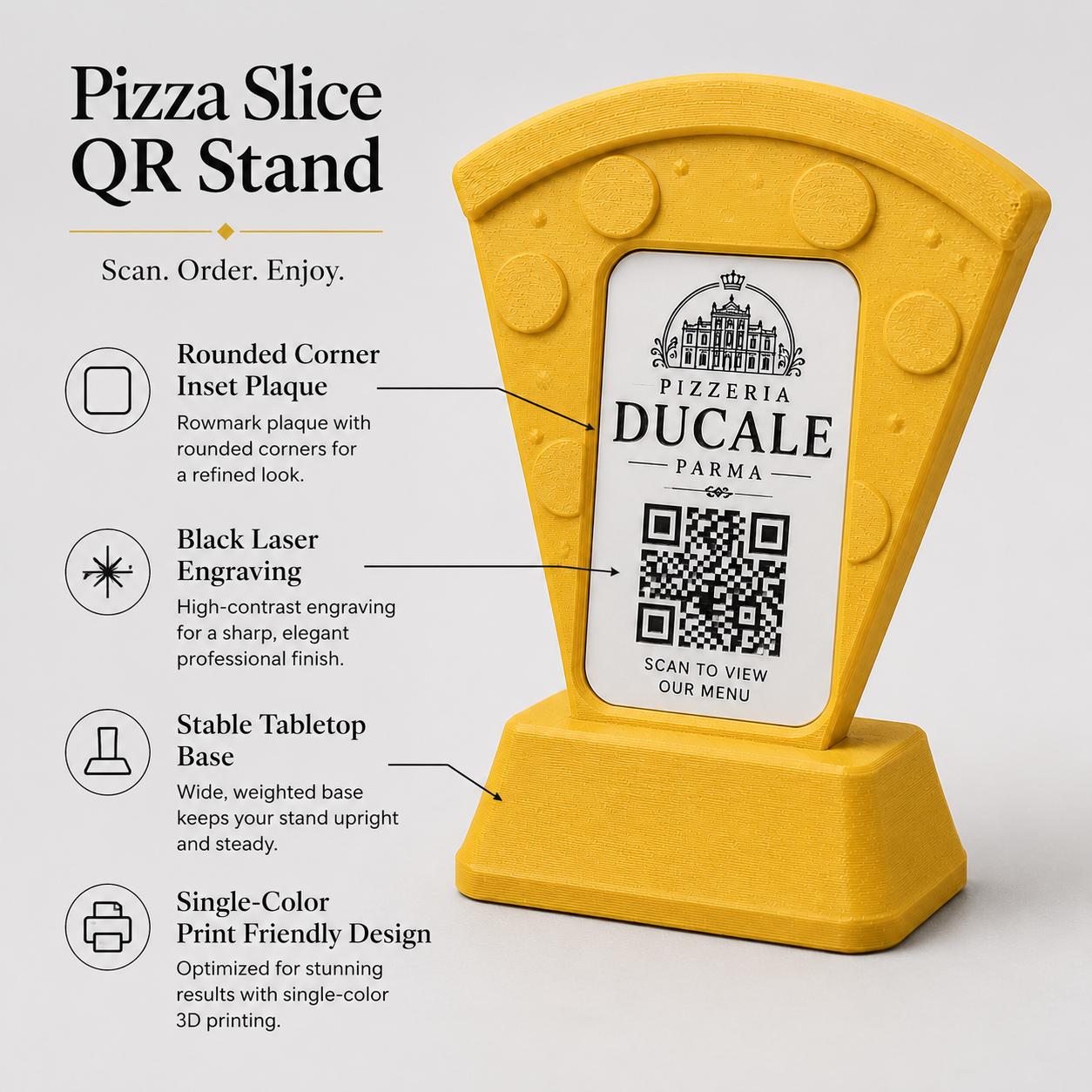 Porta Menu QR Code pizza Personalizzato, Espositore 3D per Tavoli Ristorante e Bar, Segnatavolo con Incisione Logo, Supporto Moderno