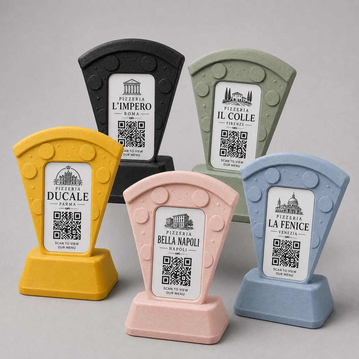 Porta Menu QR Code pizza Personalizzato, Espositore 3D per Tavoli Ristorante e Bar, Segnatavolo con Incisione Logo, Supporto Moderno