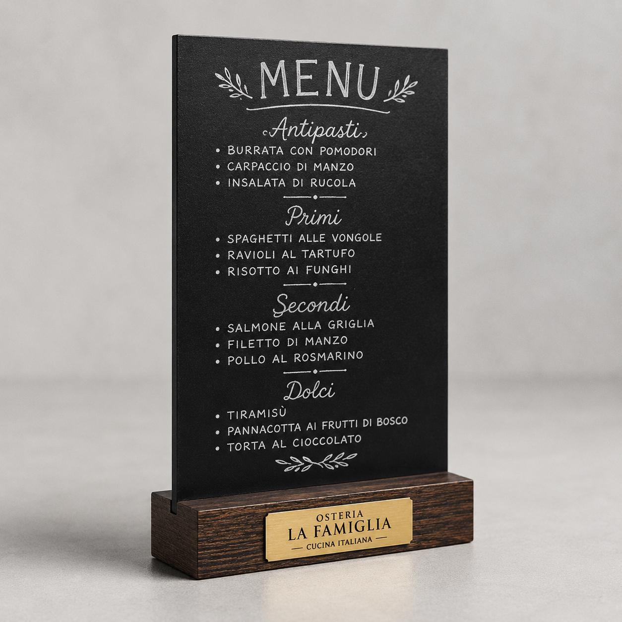Set 10 pezzi Lavagna da banco con etichetta oro formato a4 a5 a6 Personalizzata, Espositore 3D Legno Scuro Segnatavolo Logo Ristorante Bar