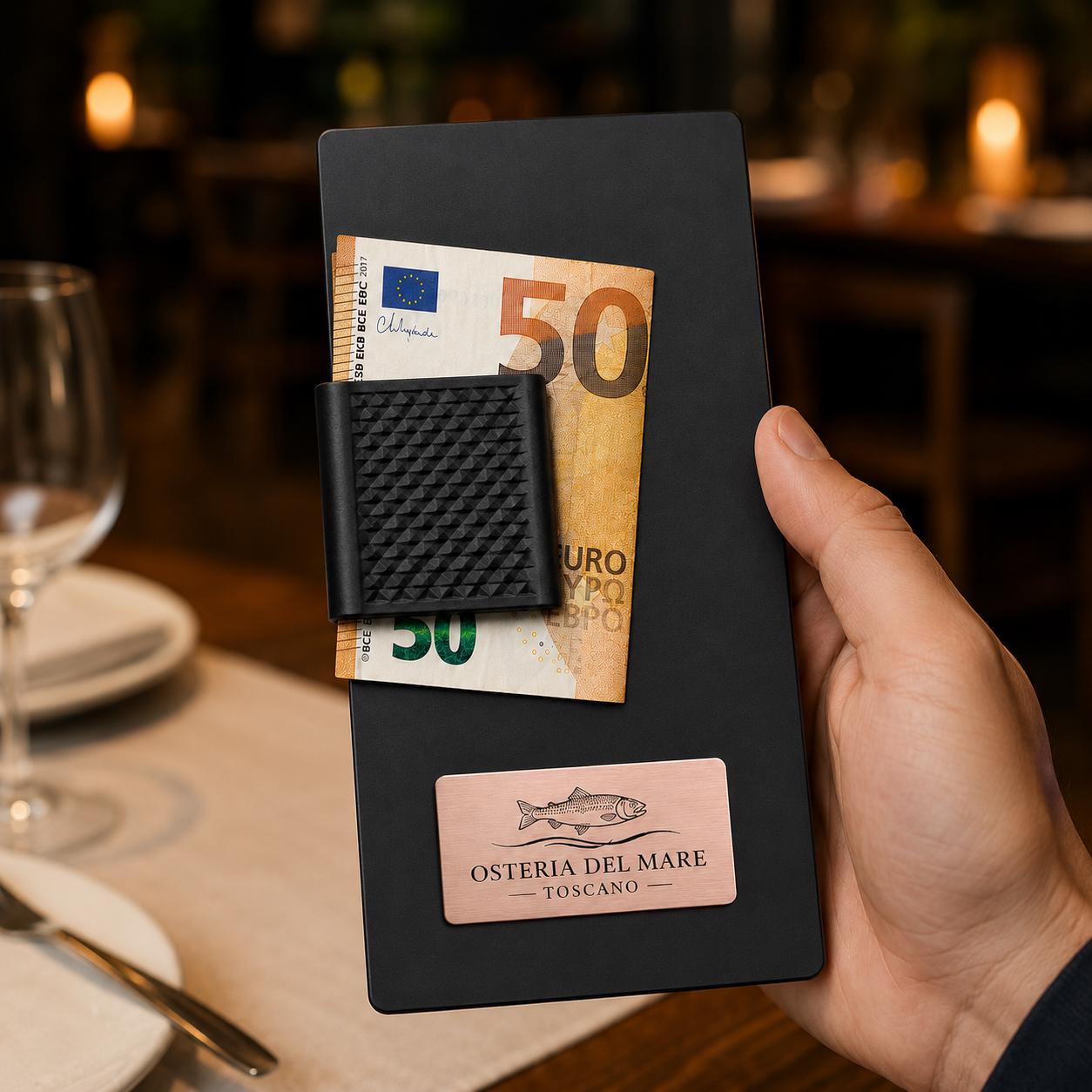 Portaconto in plexiglas satinato 24 x 10 cm con clip e logo personalizzato