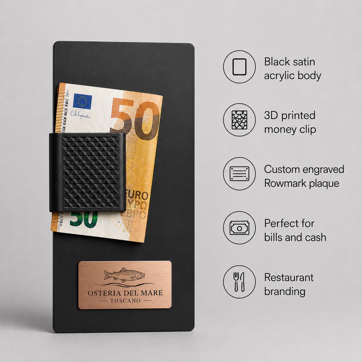 Portaconto in plexiglas satinato 24 x 10 cm con clip e logo personalizzato