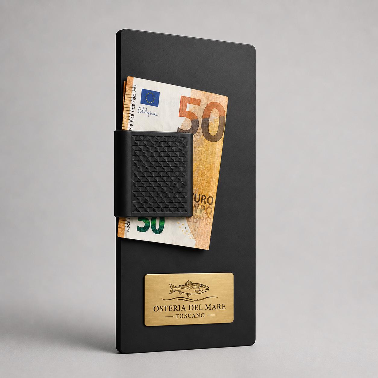 Portaconto in plexiglas satinato 24 x 10 cm con clip e logo personalizzato