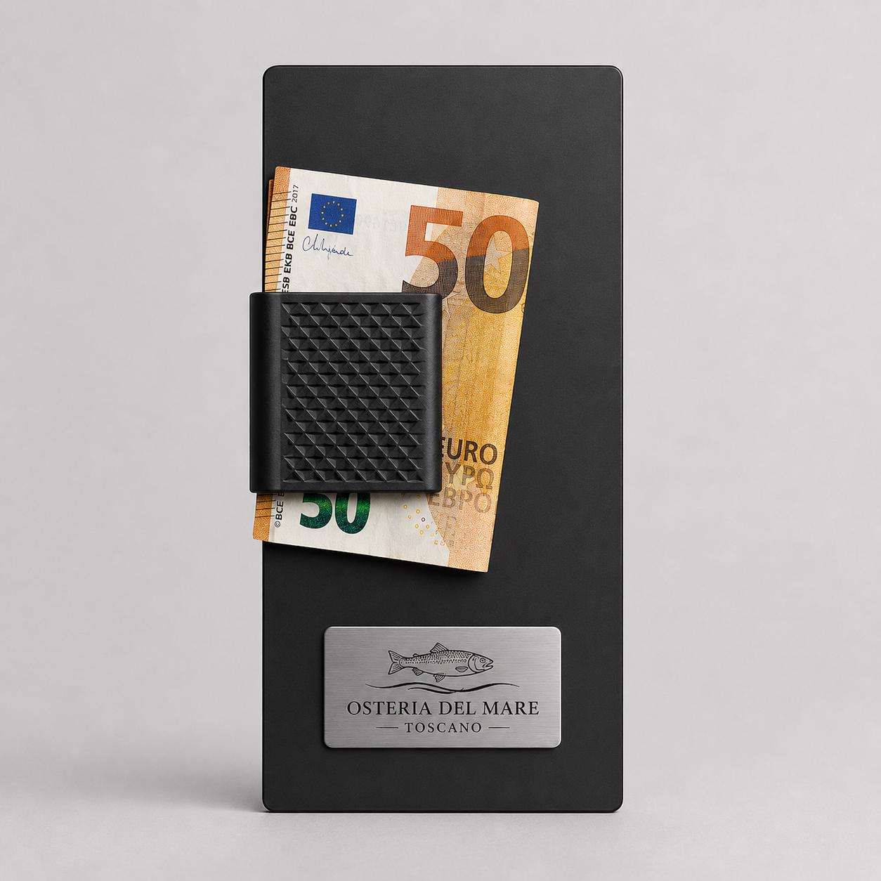 Portaconto in plexiglas satinato 24 x 10 cm con clip e logo personalizzato