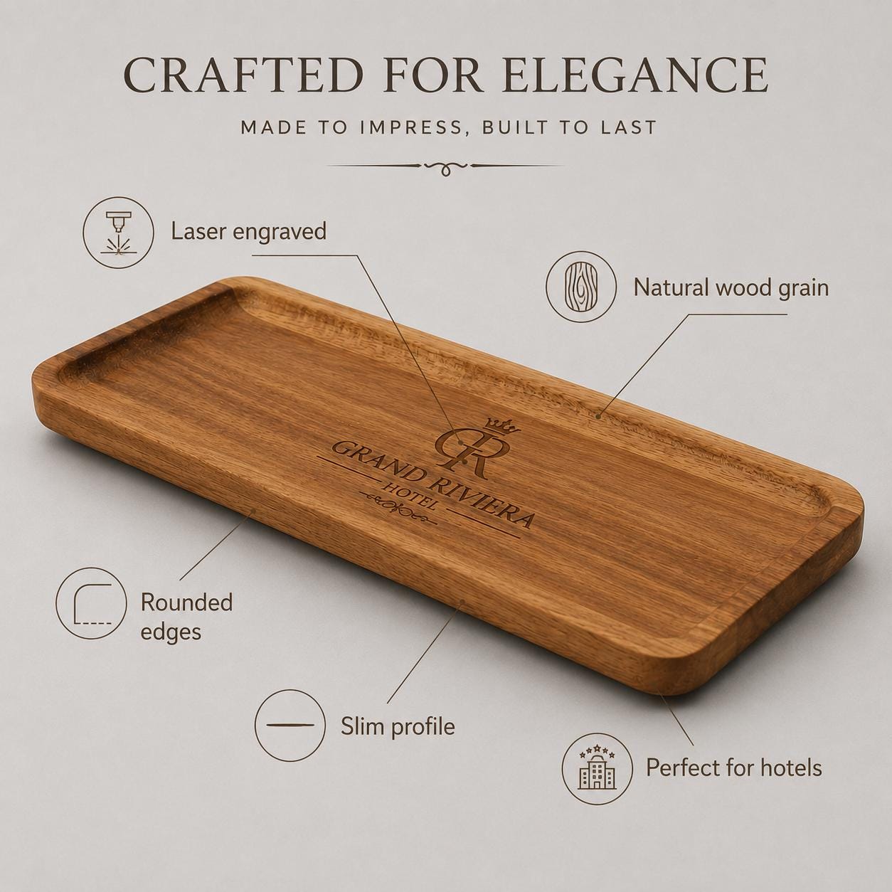 Vassoio rettangolare personalizzato in legno di acacia 28 × 10 cm