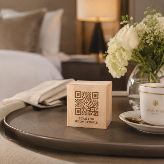 Set cubi in legno personalizzati con logo inciso e QR Code per ristoranti