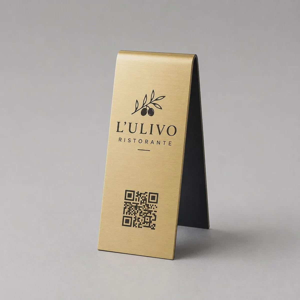 Espositore QR Code piegato da Tavolo Oro Spazzolato Personalizzato, Portamenu a Cavalletto con Logo Inciso Laser, Segnatavolo per Ristorante
