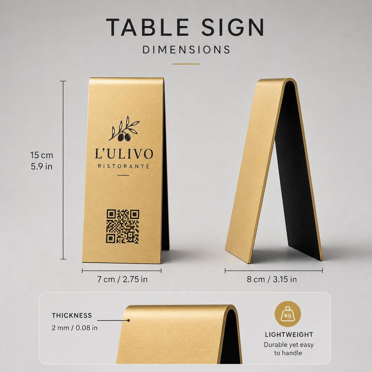 Espositore QR Code piegato da Tavolo Oro Spazzolato Personalizzato, Portamenu a Cavalletto con Logo Inciso Laser, Segnatavolo per Ristorante