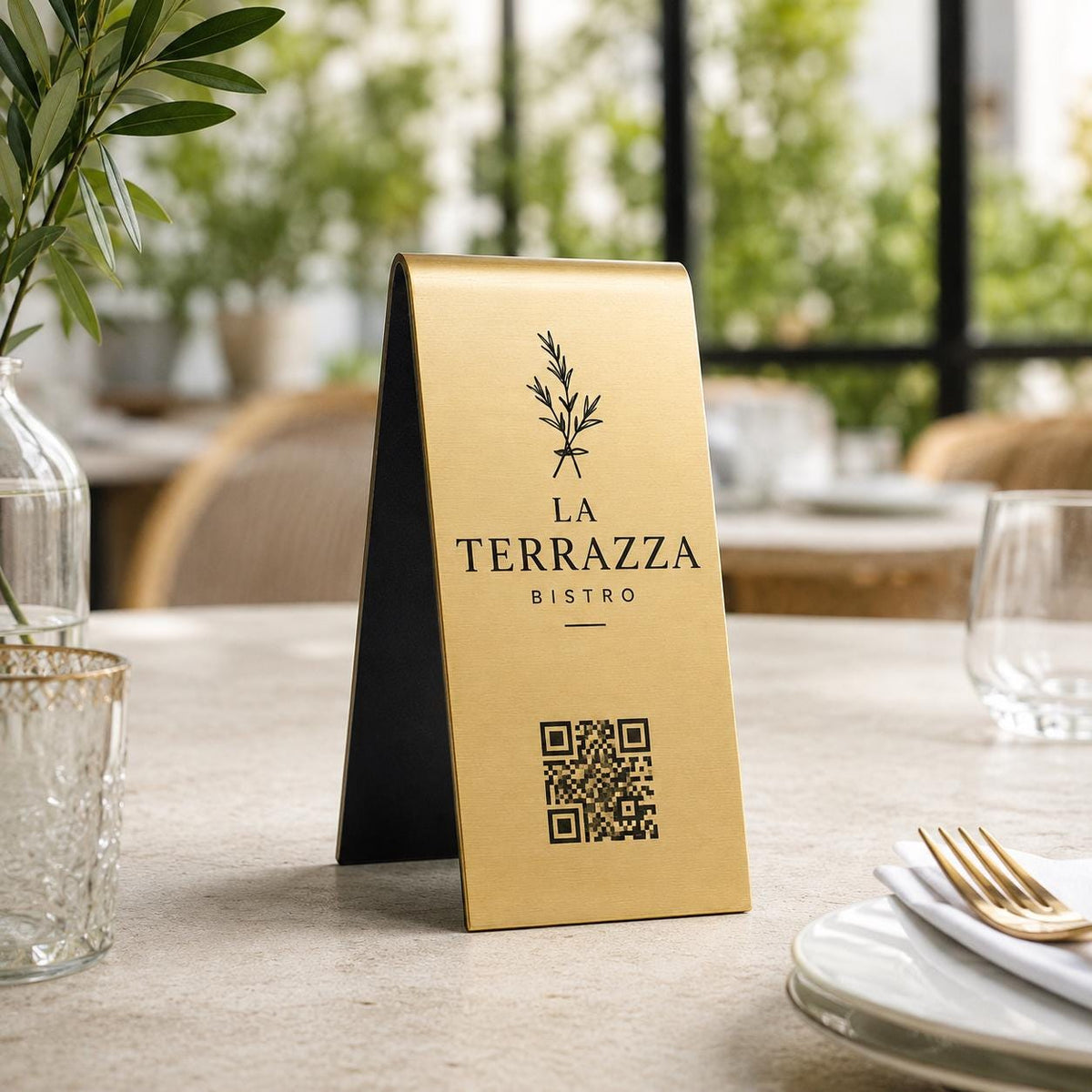 Espositore QR Code piegato da Tavolo Oro Spazzolato Personalizzato, Portamenu a Cavalletto con Logo Inciso Laser, Segnatavolo per Ristorante