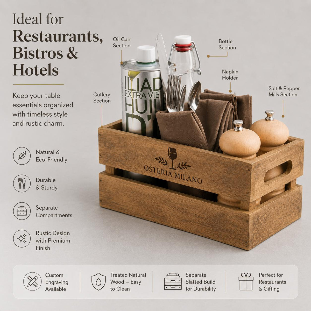 cassa in legno vintage da tavolo – 12,7 x 24,1 cm Storage box porta condimenti Organizer porta utensili e posate
