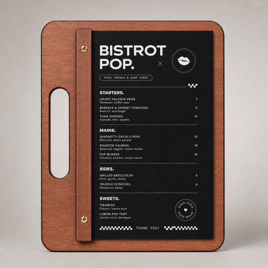 Portamenu in Legno di pioppo ebano, Tavoletta con Maniglia per Ristorante e Bar, Clipboard con Listello e Viti, Accessori Tavola