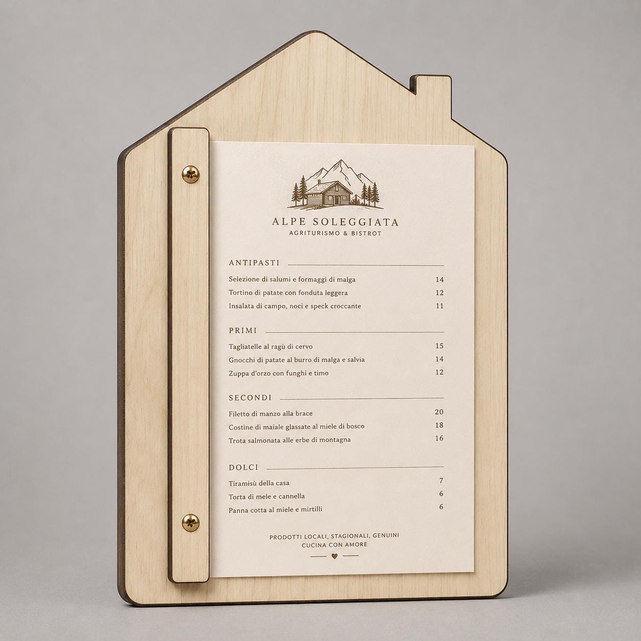 Portamenu in Legno a Forma di casa noce Formato A4, Tavoletta per Ristorante Pizzeria e Trattoria, Clipboard Personalizzata Incisione Logo
