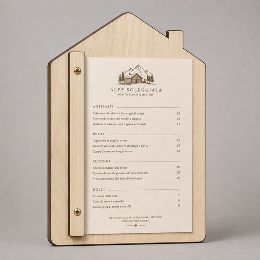 Portamenu in Legno a Forma di casa Formato A4, Tavoletta per Ristorante Pizzeria e Trattoria, Clipboard Personalizzata Incisione Logo