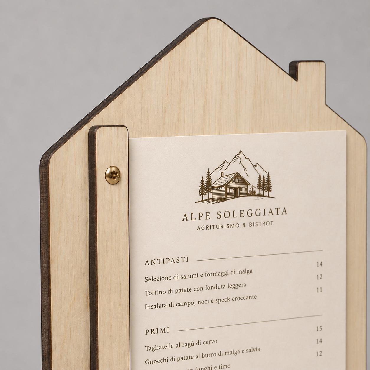 Portamenu in Legno a Forma di casa noce Formato A4, Tavoletta per Ristorante Pizzeria e Trattoria, Clipboard Personalizzata Incisione Logo