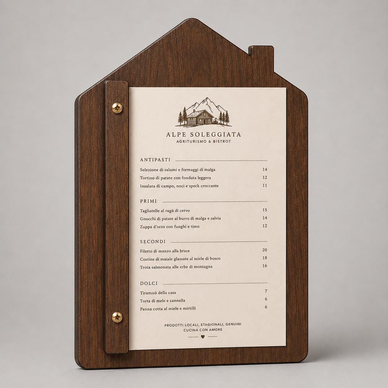 Portamenu in Legno a Forma di casa noce Formato A4, Tavoletta per Ristorante Pizzeria e Trattoria, Clipboard Personalizzata Incisione Logo