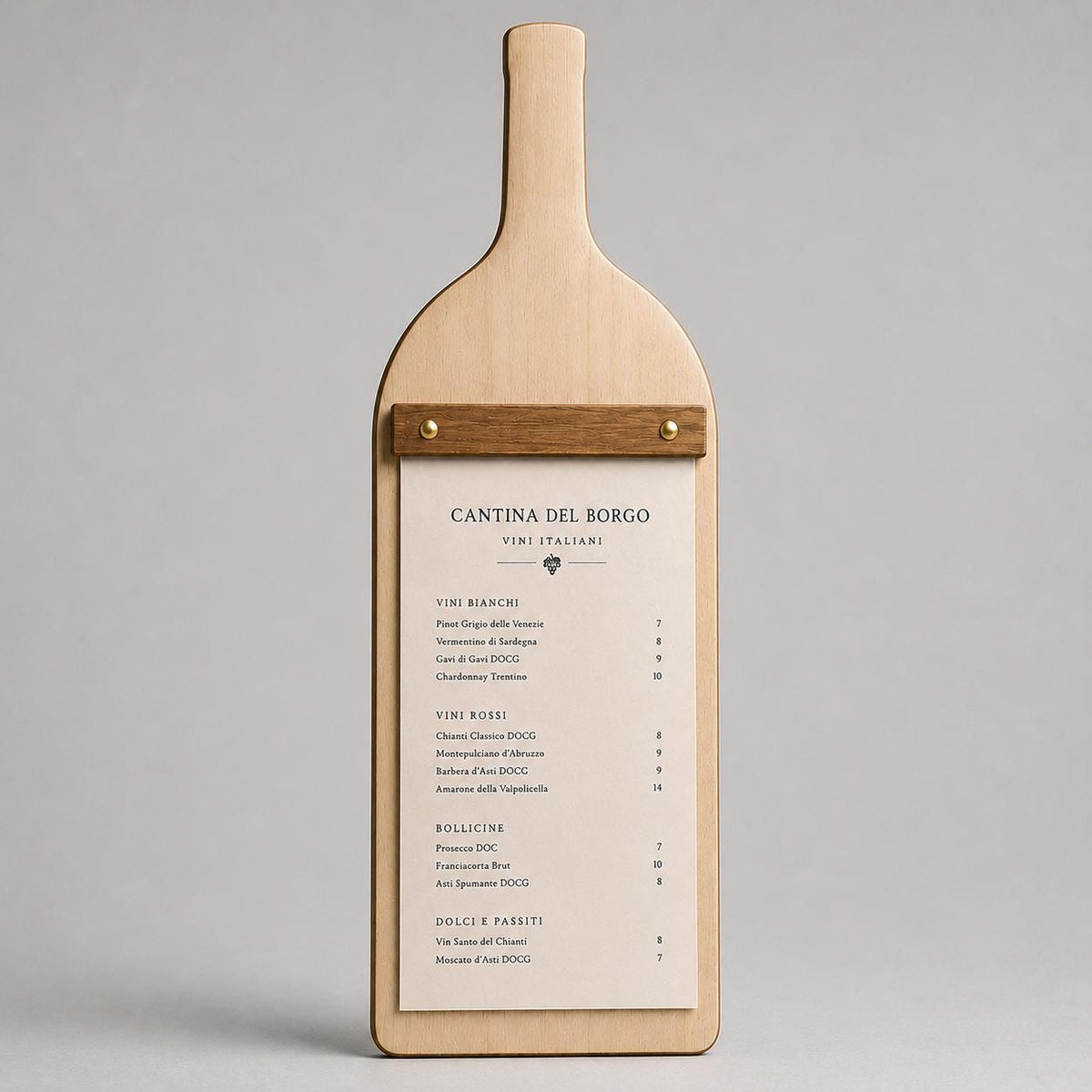 Portamenu A4 in legno a forma di bottiglia personalizzato – vista 8