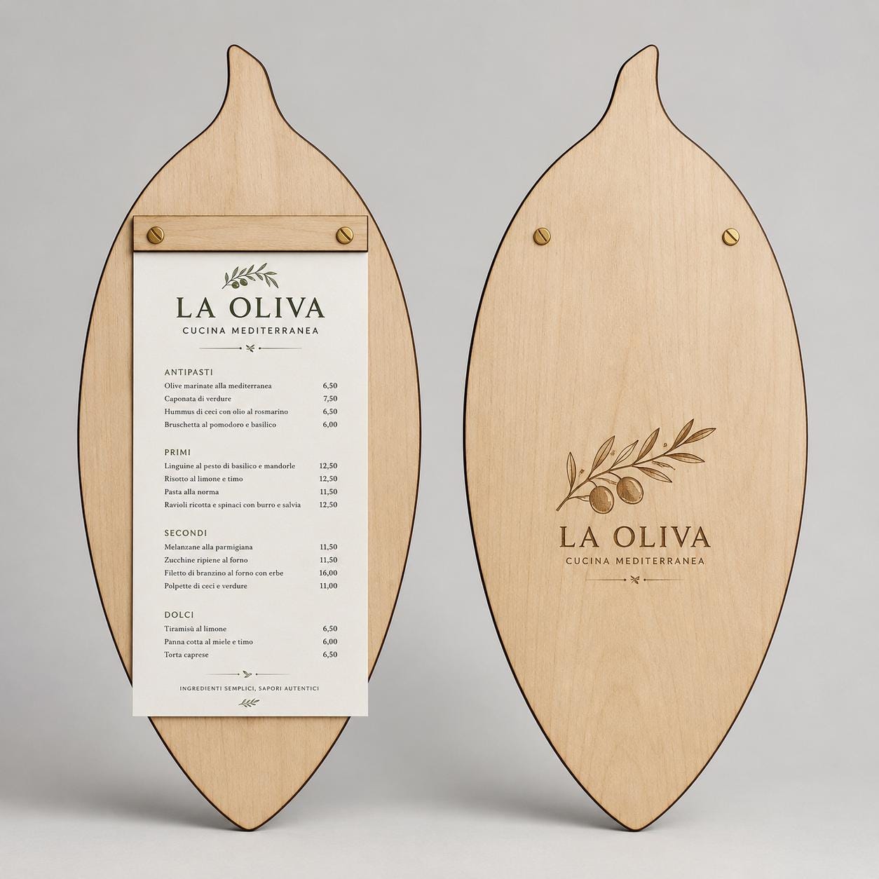Portamenu in Legno a Forma di foglia di oliva , Tavoletta per Ristorante mediterraneo, Clipboard Personalizzata Incisione Logo