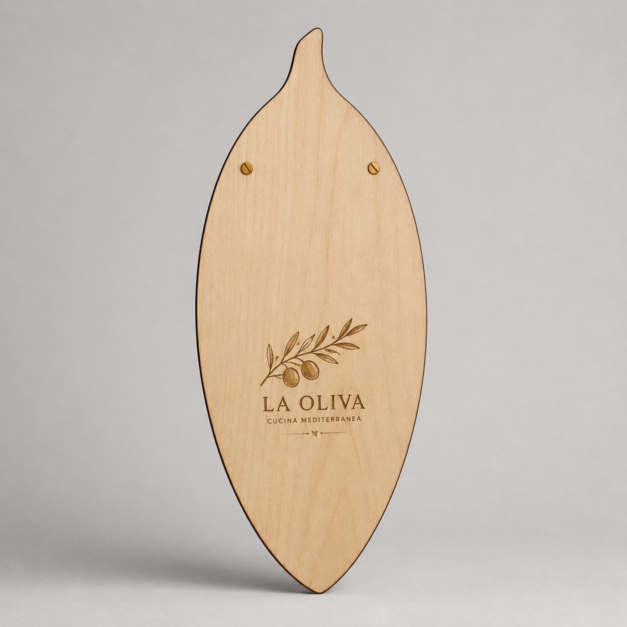 Portamenu in Legno a Forma di foglia di oliva , Tavoletta per Ristorante mediterraneo, Clipboard Personalizzata Incisione Logo