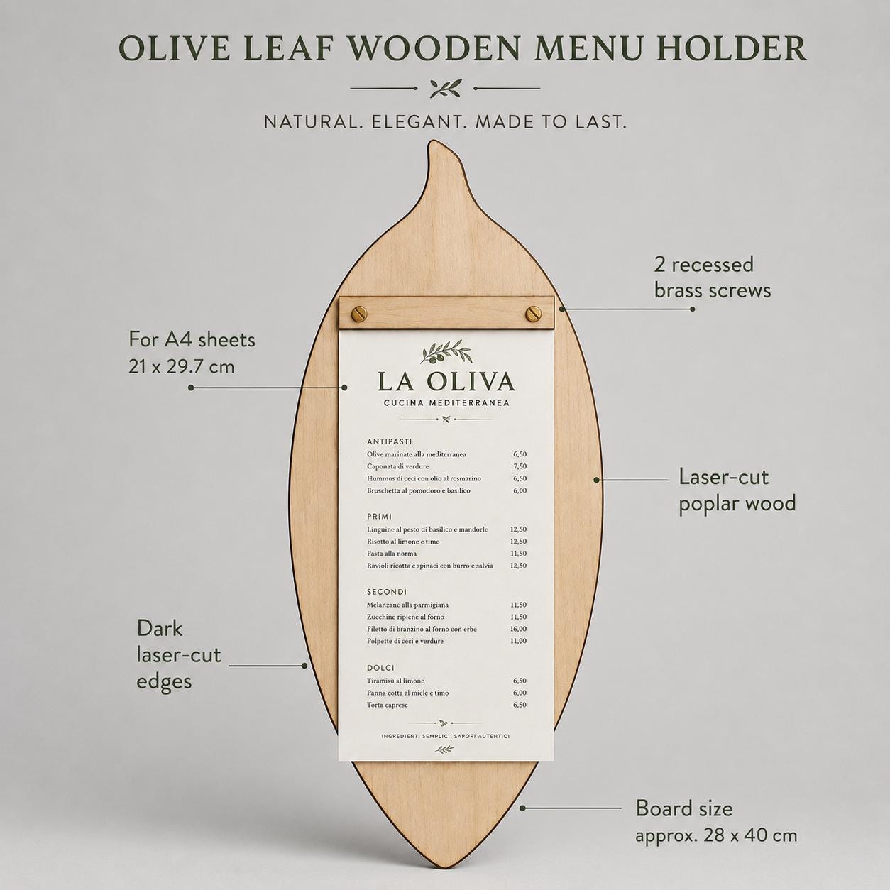 Portamenu in Legno a Forma di foglia di oliva ebano, Tavoletta per Ristorante mediterraneo, Clipboard Personalizzata Incisione Logo