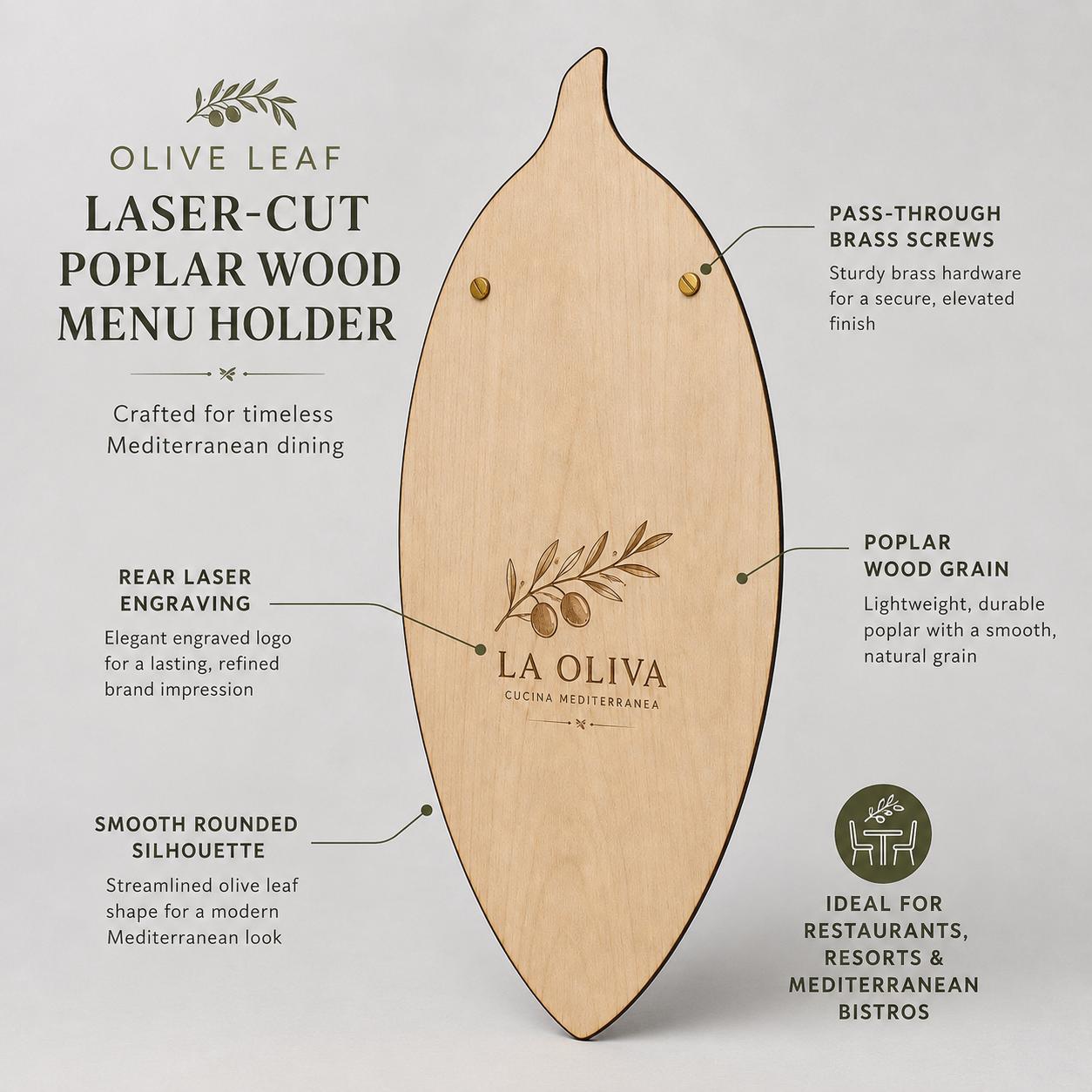 Portamenu in Legno a Forma di foglia di oliva noce scuro, Tavoletta per Ristorante mediterraneo, Clipboard Personalizzata Incisione Logo