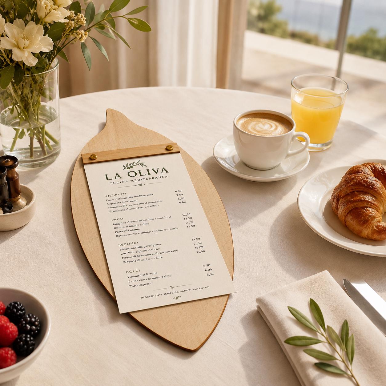 Portamenu in Legno a Forma di foglia di oliva noce scuro, Tavoletta per Ristorante mediterraneo, Clipboard Personalizzata Incisione Logo
