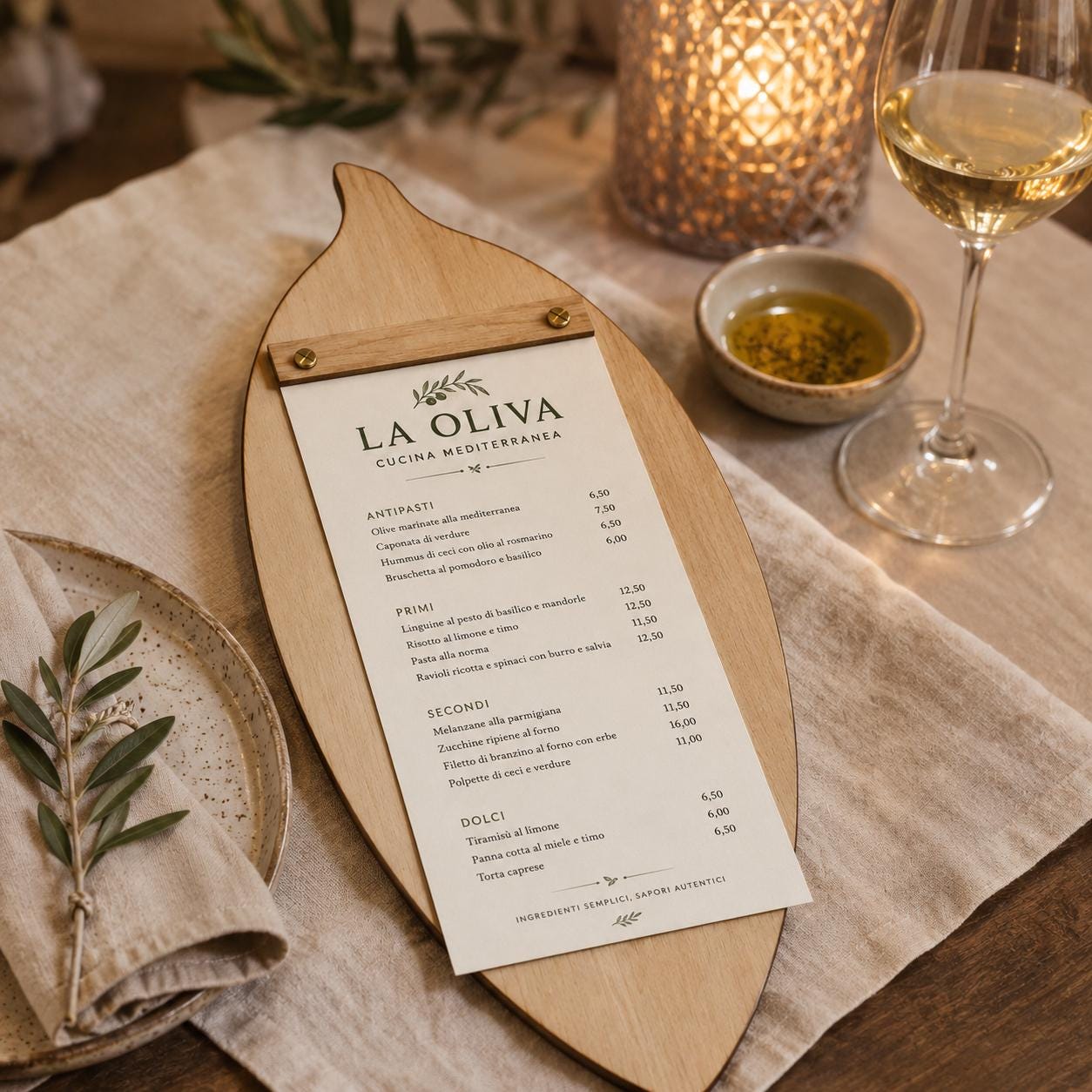 Portamenu in Legno a Forma di foglia di oliva noce scuro, Tavoletta per Ristorante mediterraneo, Clipboard Personalizzata Incisione Logo