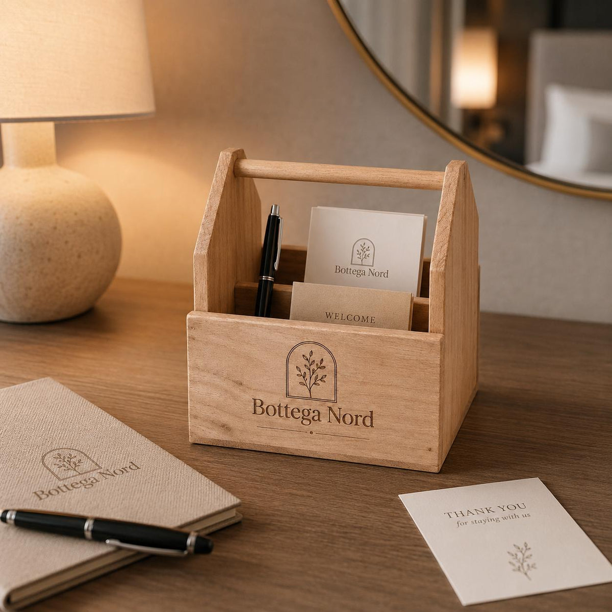 Cassetta Portacondimenti in Legno di Paulownia, Organizer da Tavolo Personalizzato con Logo, Caddy Porta Posate e Olio 2 Scomparti, A