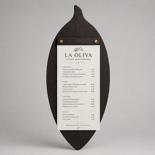Portamenu in Legno a Forma di foglia di oliva noce scuro, Tavoletta per Ristorante mediterraneo, Clipboard Personalizzata Incisione Logo