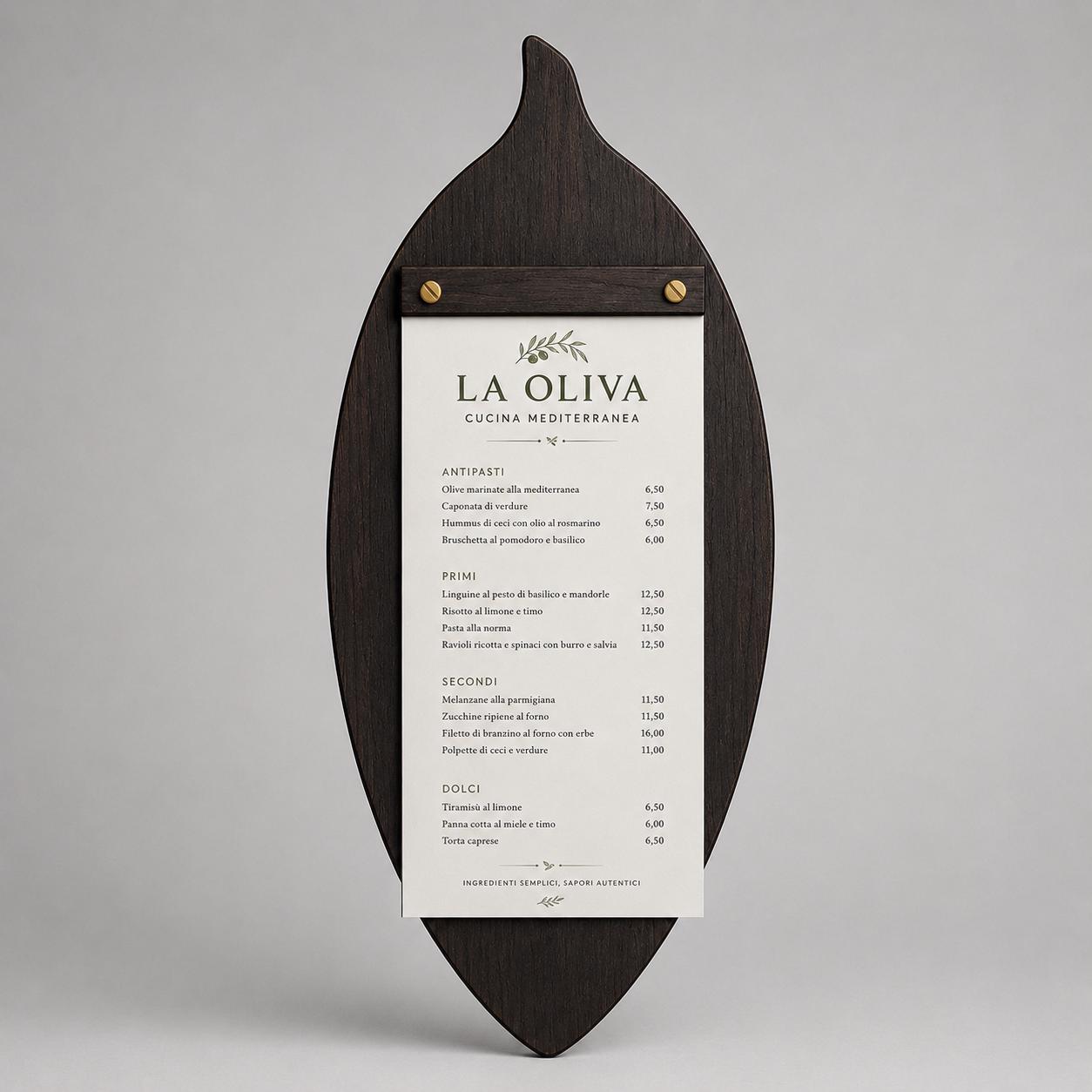 Portamenu in Legno a Forma di foglia di oliva ebano, Tavoletta per Ristorante mediterraneo, Clipboard Personalizzata Incisione Logo