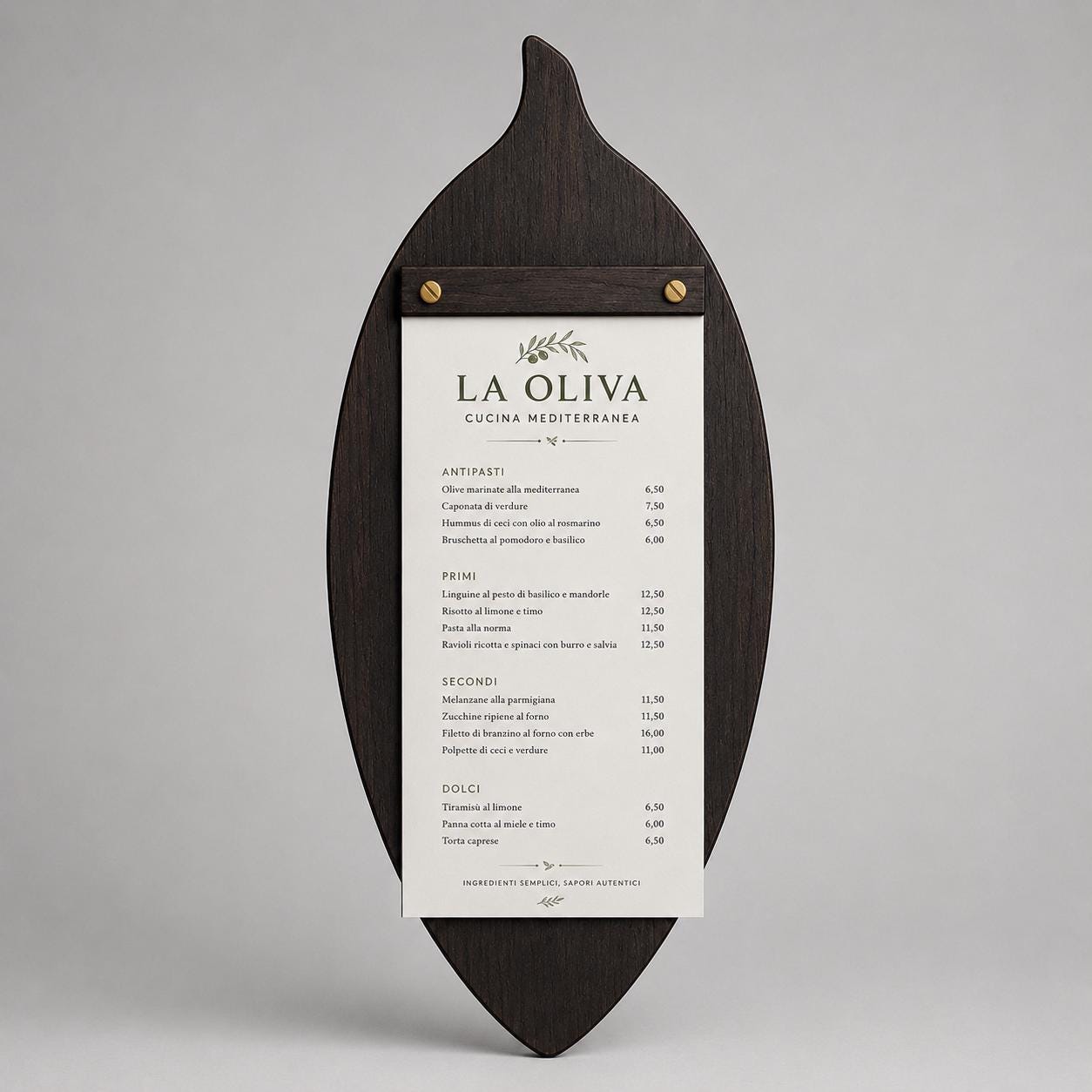 Portamenu in Legno a Forma di foglia di oliva , Tavoletta per Ristorante mediterraneo, Clipboard Personalizzata Incisione Logo