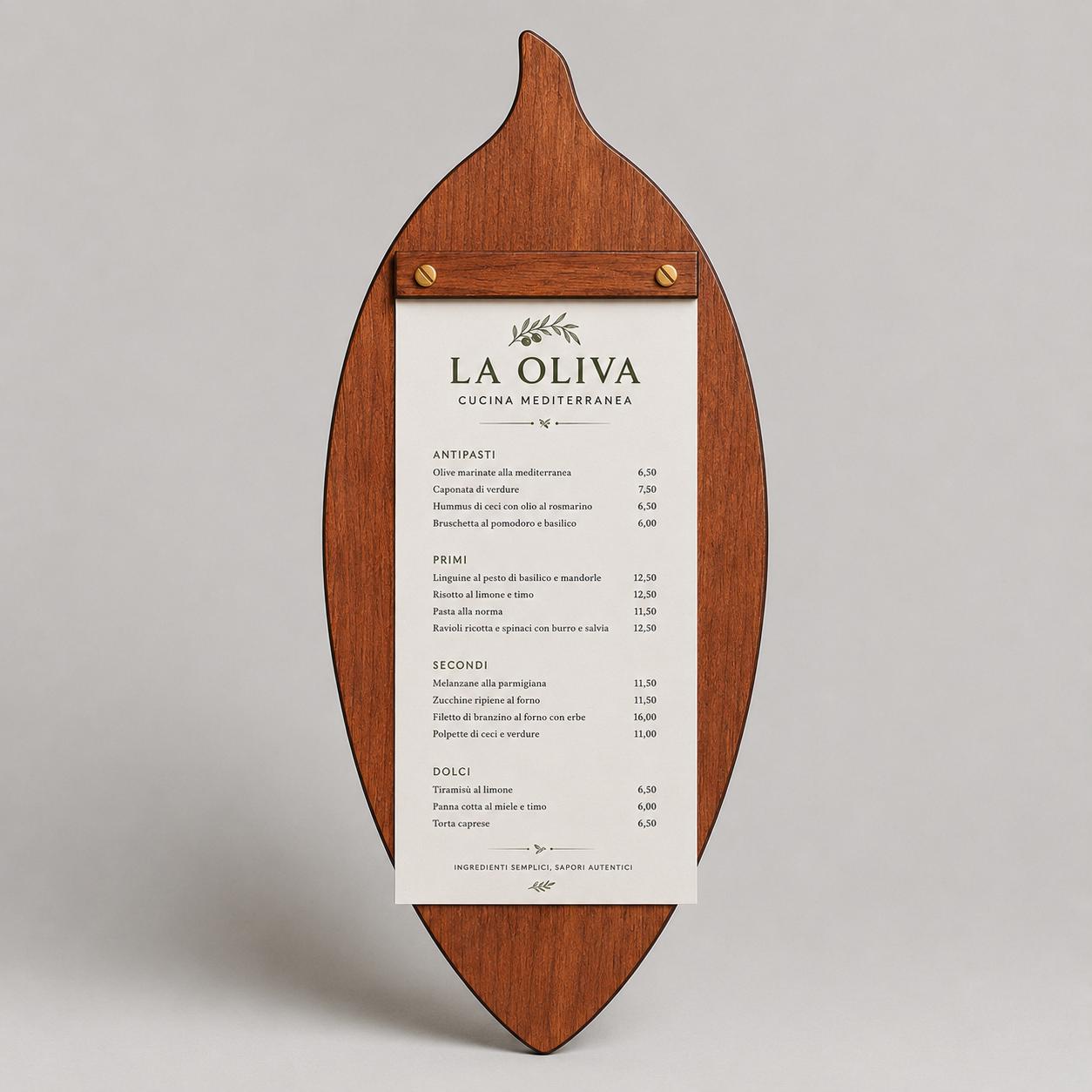 Portamenu in Legno a Forma di foglia di oliva noce scuro, Tavoletta per Ristorante mediterraneo, Clipboard Personalizzata Incisione Logo