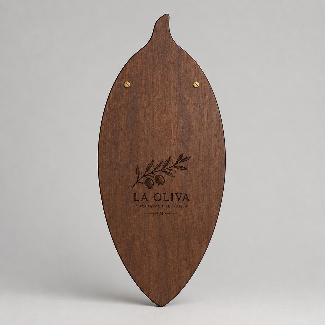 Portamenu in Legno a Forma di foglia di oliva ebano, Tavoletta per Ristorante mediterraneo, Clipboard Personalizzata Incisione Logo