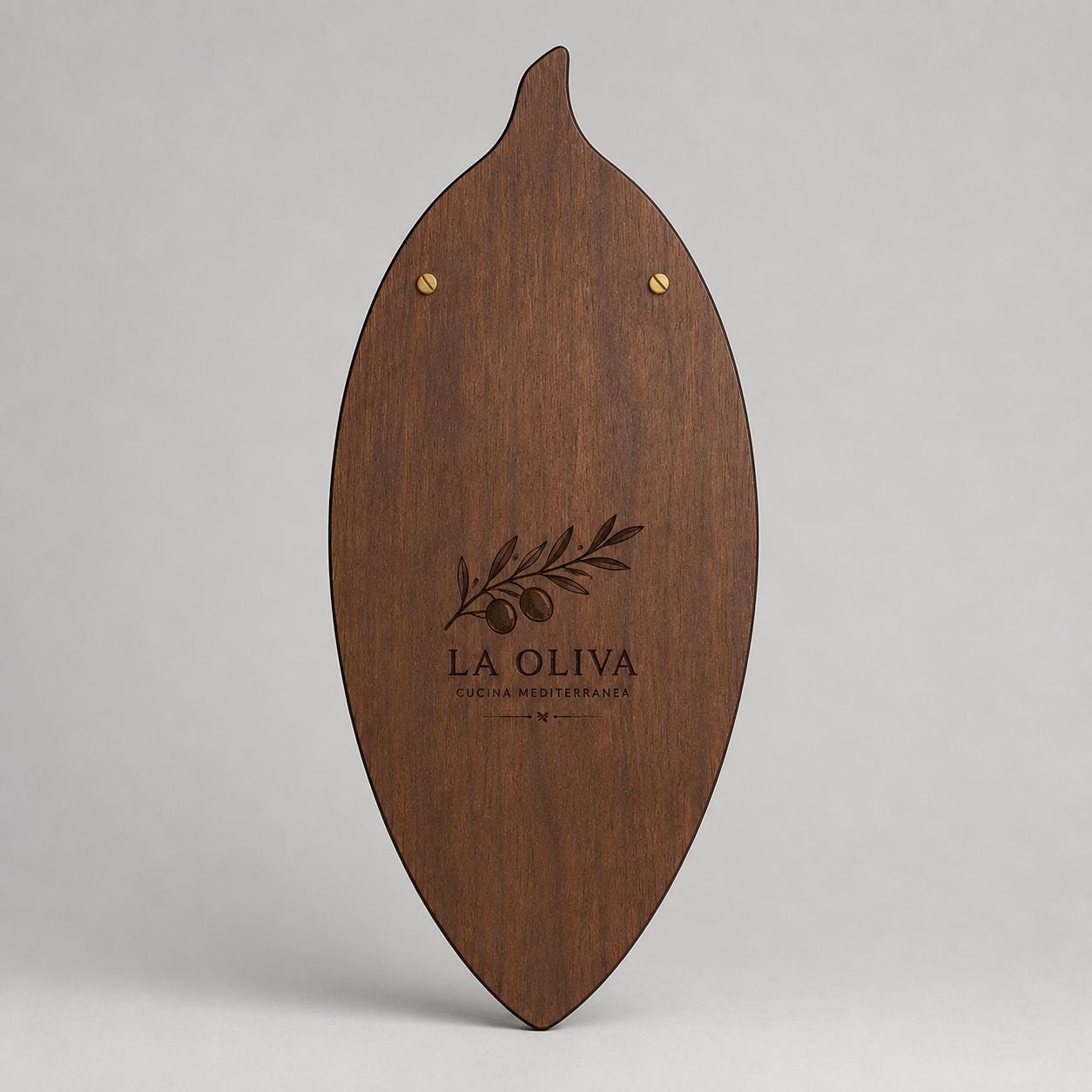 Portamenu in Legno a Forma di foglia di oliva , Tavoletta per Ristorante mediterraneo, Clipboard Personalizzata Incisione Logo