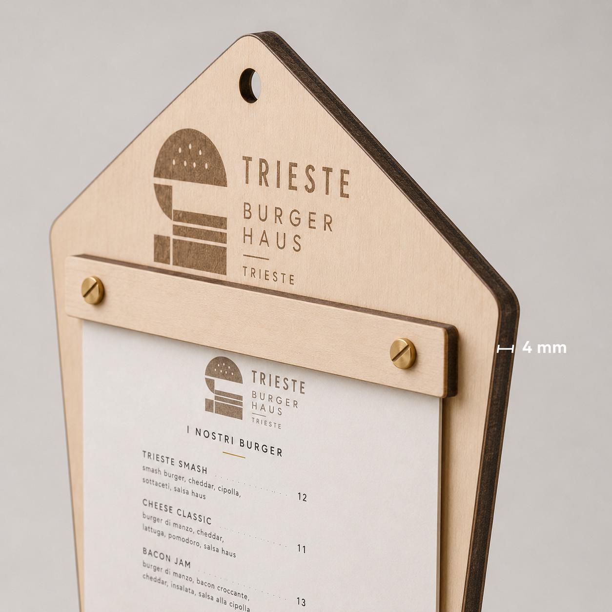 Portamenu in Legno pentagonale , Tavoletta per Ristorante mediterraneo, Clipboard Personalizzata Incisione Logo