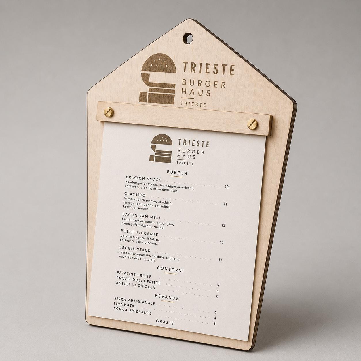 Portamenu in Legno pentagonale moderno ebano , Tavoletta per Ristorante mediterraneo, Clipboard Personalizzata Incisione Logo