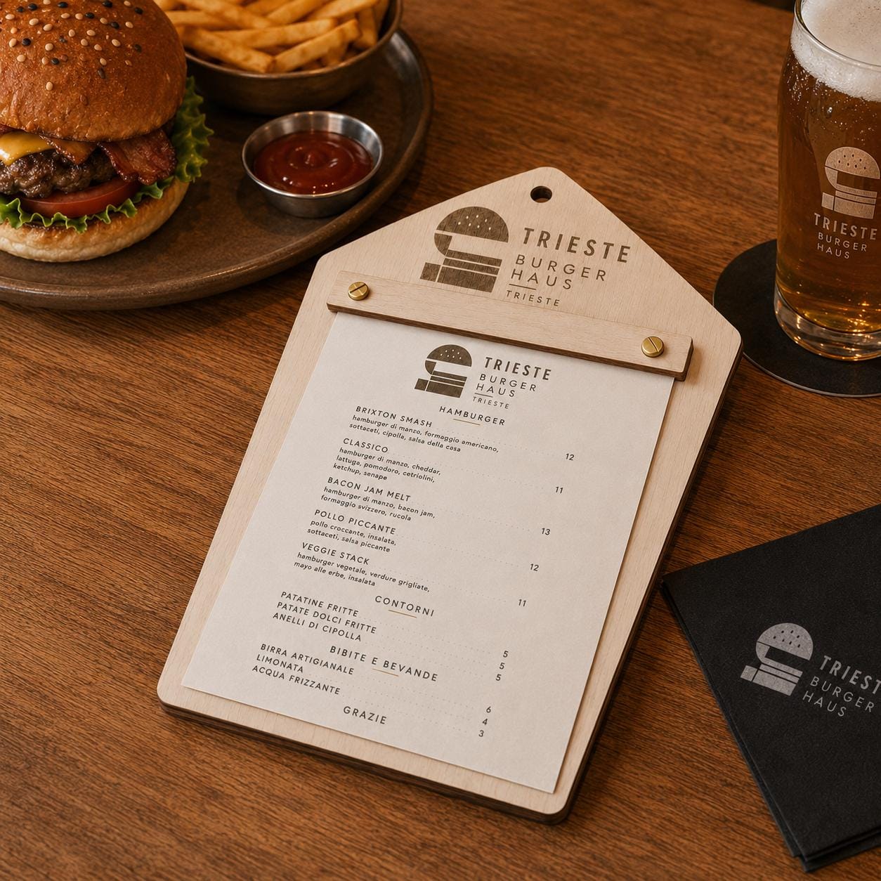 Portamenu in Legno pentagonale moderno ebano , Tavoletta per Ristorante mediterraneo, Clipboard Personalizzata Incisione Logo