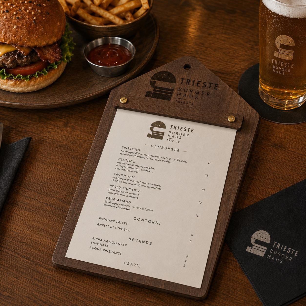 Portamenu in Legno pentagonale moderno ebano , Tavoletta per Ristorante mediterraneo, Clipboard Personalizzata Incisione Logo