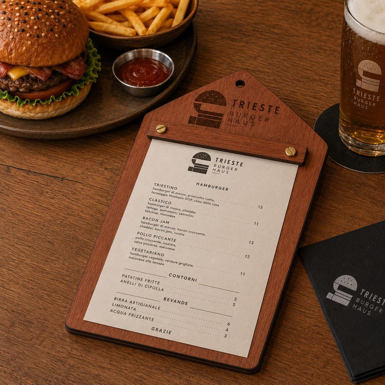Portamenu in Legno pentagonale , Tavoletta per Ristorante mediterraneo, Clipboard Personalizzata Incisione Logo