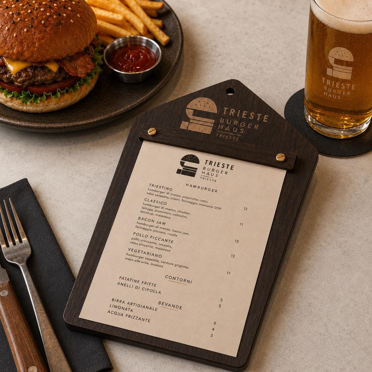 Portamenu in Legno pentagonale moderno ebano , Tavoletta per Ristorante mediterraneo, Clipboard Personalizzata Incisione Logo