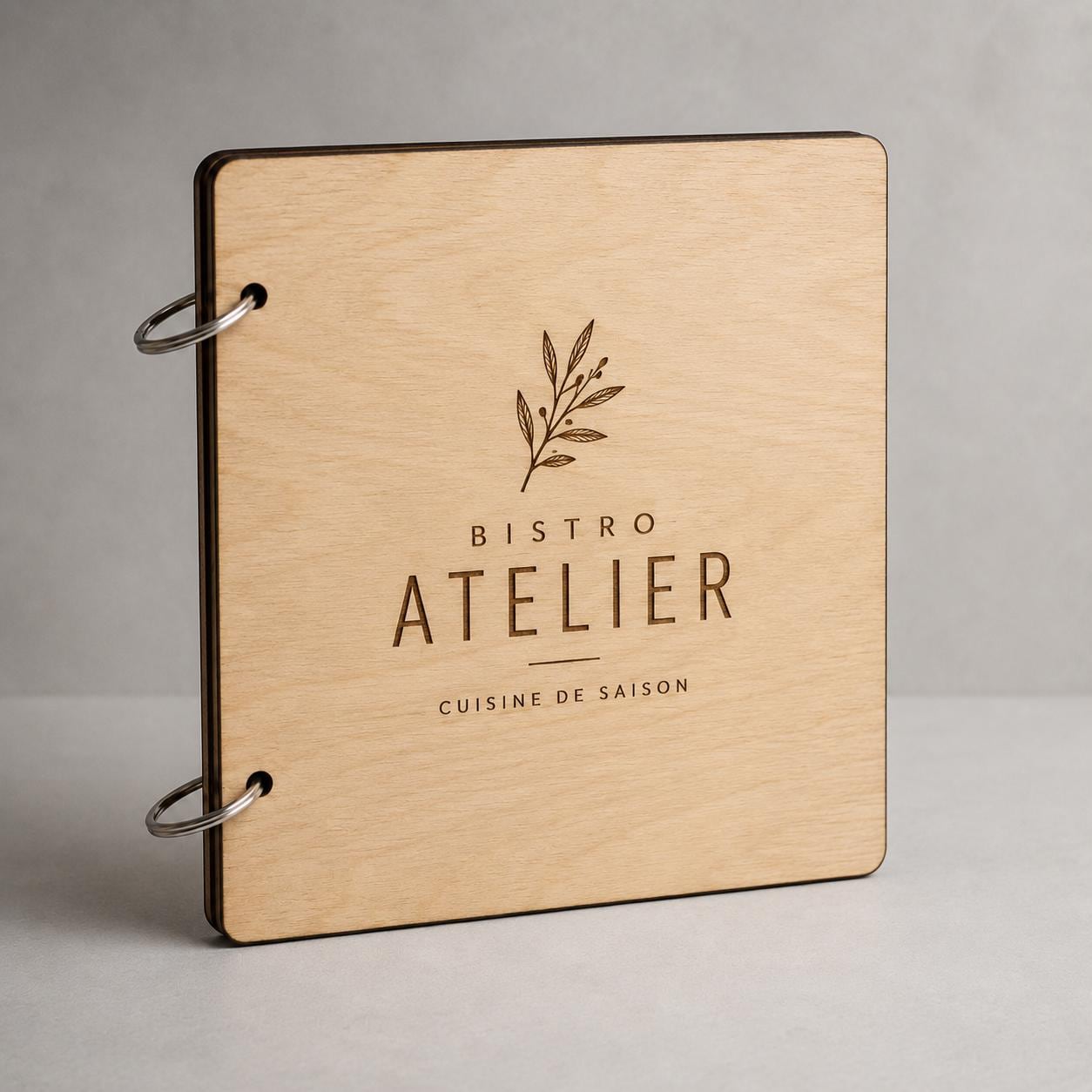 Portamenu in Legno Quadrato noce 22x22 cm Personalizzato, Cartellina a Libro con Anelli per Ristorante e Bar, Copertina Menu con Incisione