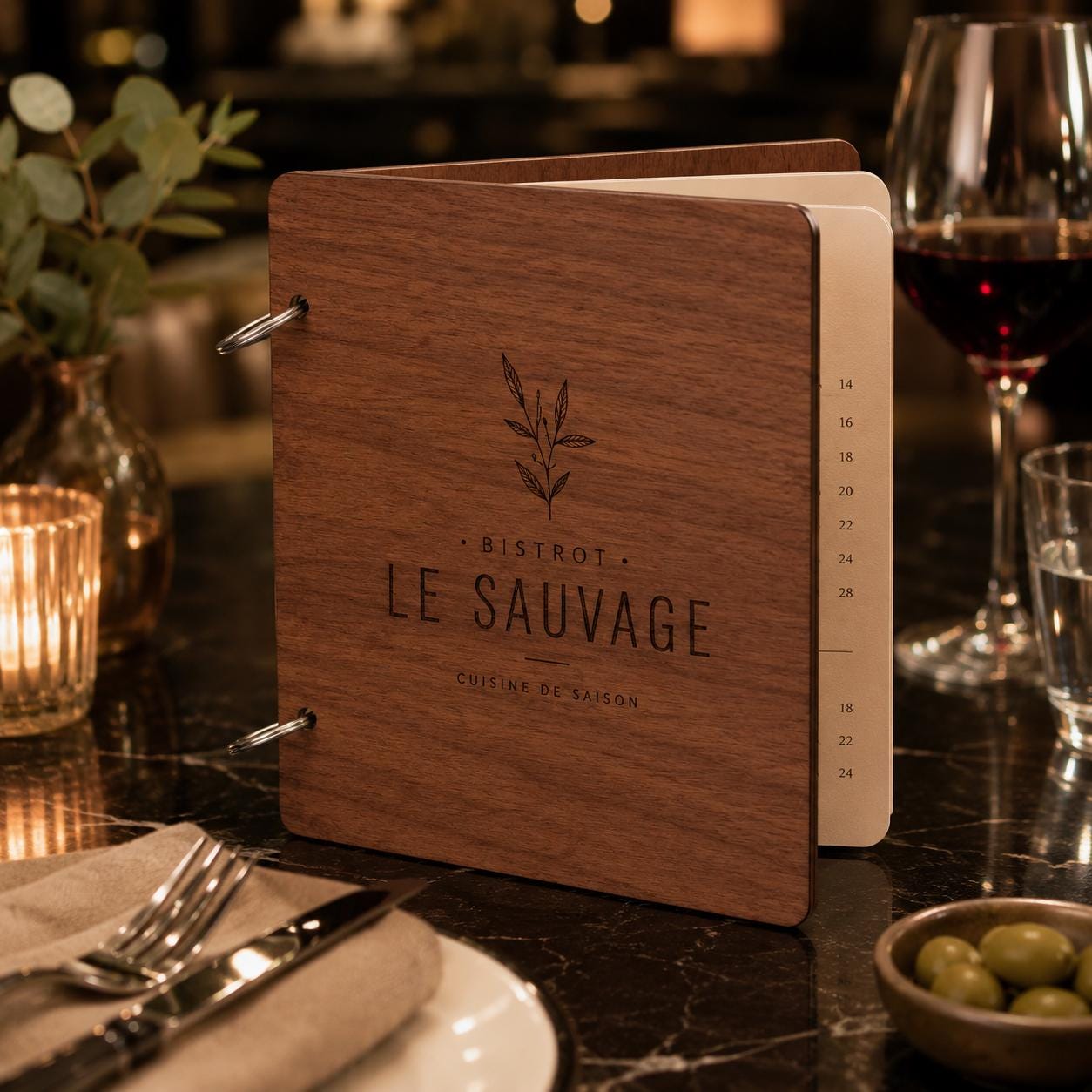 Portamenu in Legno Quadrato 22x22 cm Personalizzato, Cartellina a Libro con Anelli per Ristorante e Bar, Copertina Menu con Incisione