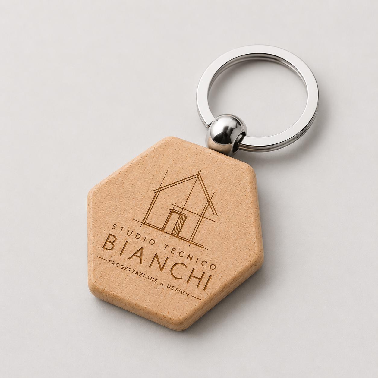 25 Pezzi Portachiavi in Legno Esagonale Personalizzato con Logo, Ciondolo Chiavi per Studio Tecnico Architetto e Geometra, Gadget Aziendale