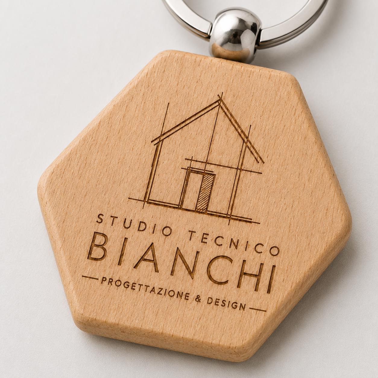 25 Pezzi Portachiavi in Legno Esagonale Personalizzato con Logo, Ciondolo Chiavi per Studio Tecnico Architetto e Geometra, Gadget Aziendale
