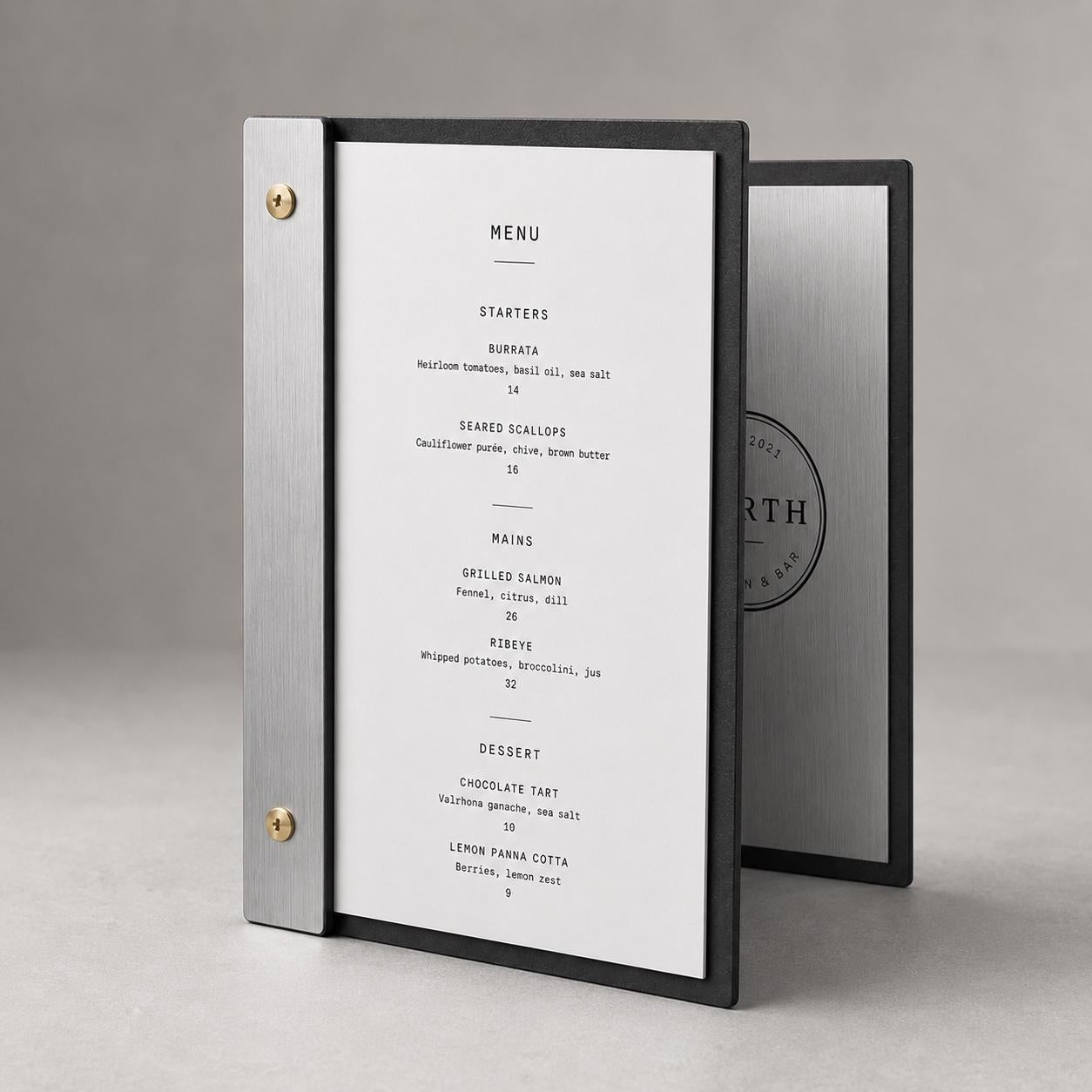 Portamenu luxury effetto ottone spazzolato Formato A4 Tavoletta per Ristorante Pizzeria e Trattoria, Personalizzato Incisione Logo