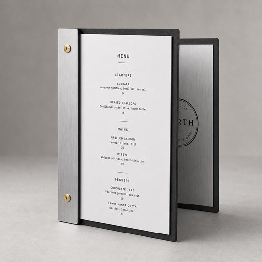 Portamenu luxury effetto ottone spazzolato Formato A4 Tavoletta per Ristorante Pizzeria e Trattoria, Personalizzato Incisione Logo