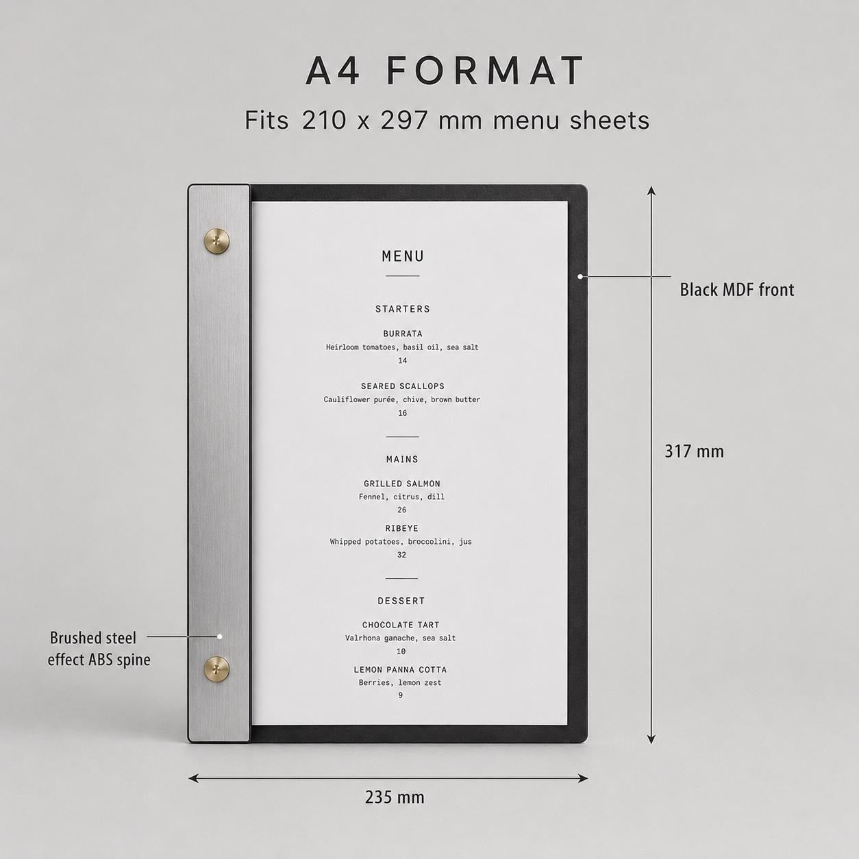 Portamenu luxury effetto ottone spazzolato Formato A4 Tavoletta per Ristorante Pizzeria e Trattoria, Personalizzato Incisione Logo