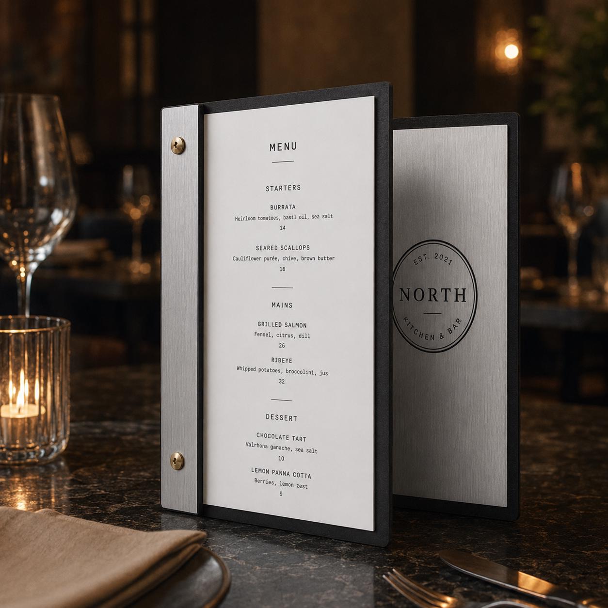 Portamenu luxury effetto ottone spazzolato Formato A4 Tavoletta per Ristorante Pizzeria e Trattoria, Personalizzato Incisione Logo