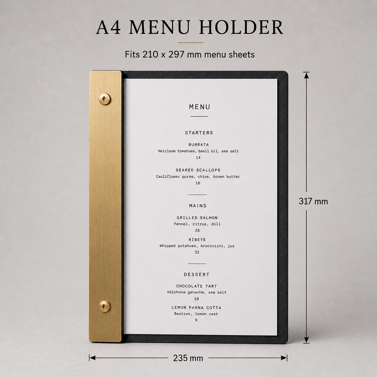 Portamenu luxury effetto ottone spazzolato Formato A4 Tavoletta per Ristorante Pizzeria e Trattoria, Personalizzato Incisione Logo