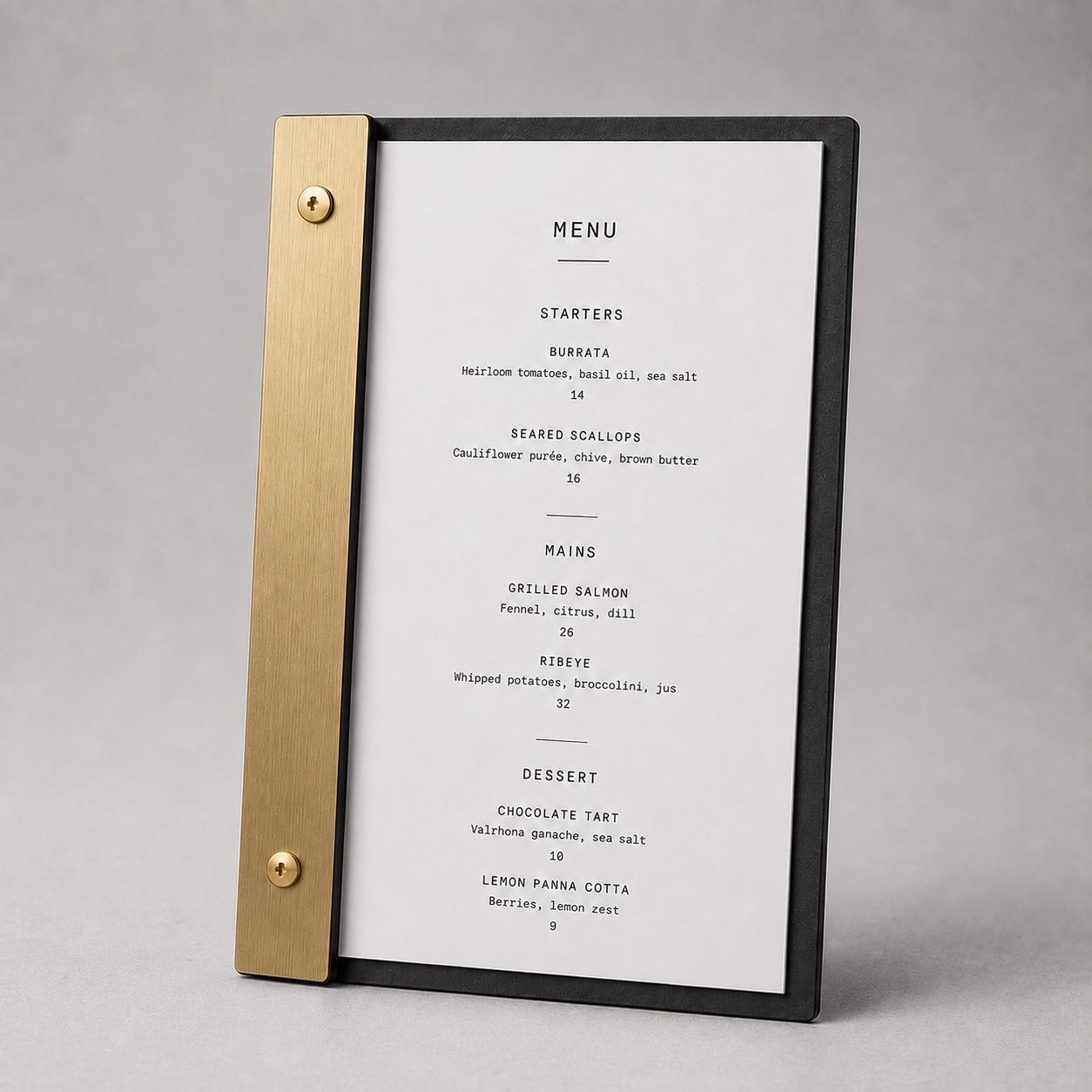 Portamenu luxury effetto ottone spazzolato Formato A4 Tavoletta per Ristorante Pizzeria e Trattoria, Personalizzato Incisione Logo