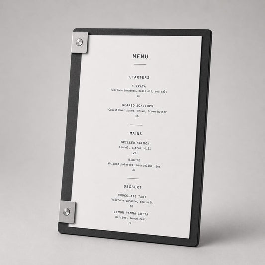 Portamenu design effetto acciaio spazzolato Formato A4 Tavoletta per Ristorante Pizzeria e Trattoria, Personalizzato Incisione Logo